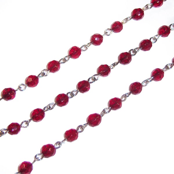 6mm 1' Red Rosary Beaded Chain Faceted Glass Beads Silver Jewelry Necklace Supply 1 foot