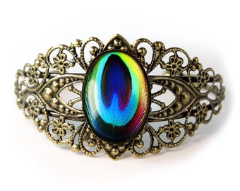 Antique Bronze Rainbow Peacock Feather Filigree Cuff Bracelet 1-BCB