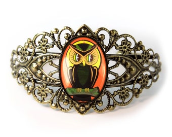 Antique Bronze Rétro Halloween Owl Bracelet de manchette en filigrane 144-BCB