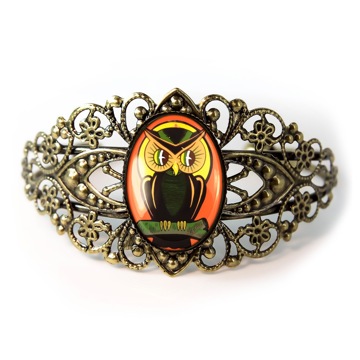 Antique Bronze Retro Halloween Owl Filigree Cuff Bracelet 144-BCB