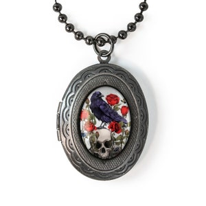 Gunmetal Gothic Memento Mori Raven & Skull Keepsake Halloween Locket Necklace 122-GMLN + 24&quot; Inch Chain