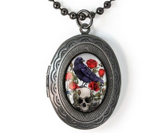 Gunmetal Gothic Memento Mori Raven & Skull Keepsake Halloween Locket Necklace 122-GMLN + 24&quot; Inch Chain