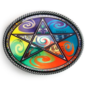 May include: A silver-toned belt buckle with a colorful pentagram design. The pentagram is divided into five sections, each representing an element: Earth, Air, Fire, Water, and Spirit. The buckle is surrounded by a rope-like border with the words "DIVINE STRENGTH, WISDOM, CREATIVITY, LOVE, UNITY" inscribed around it.
