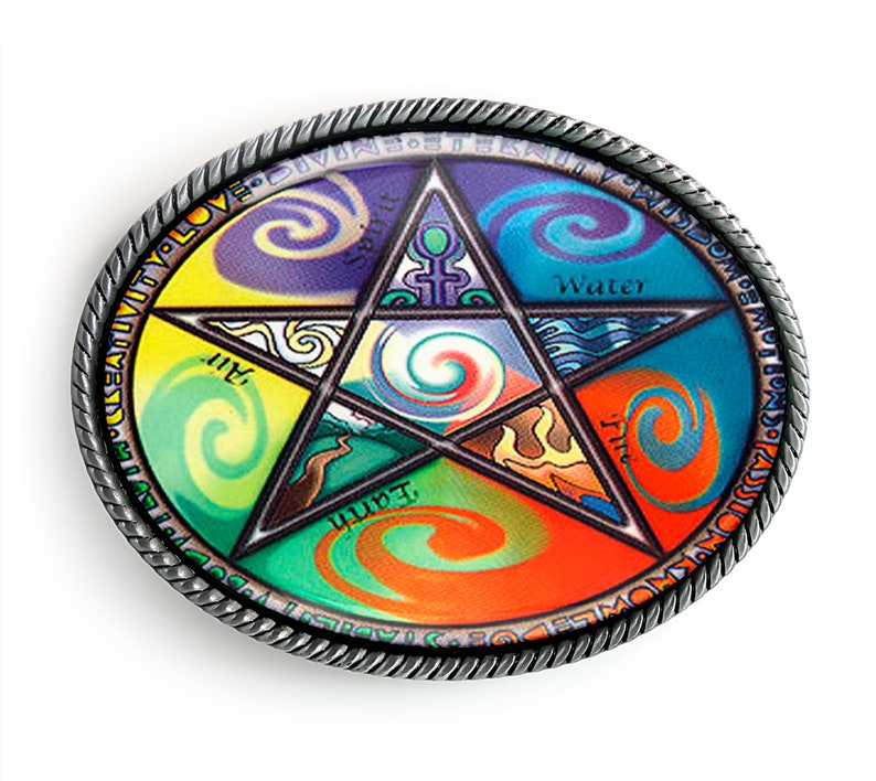May include: A silver-toned belt buckle with a colorful pentagram design. The pentagram is divided into five sections, each representing an element: Earth, Air, Fire, Water, and Spirit. The buckle is surrounded by a rope-like border with the words "DIVINE STRENGTH, WISDOM, CREATIVITY, LOVE, UNITY" inscribed around it.