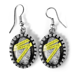 CSI Crime Scene Forensic Fingerprint Oval Antique Silver Glass Dangle Horror Earrings 146-SOE