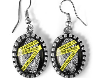 CSI Crime Scene Forensic Fingerprint Oval Antique Silver Glass Dangle Horror Earrings 146-SOE