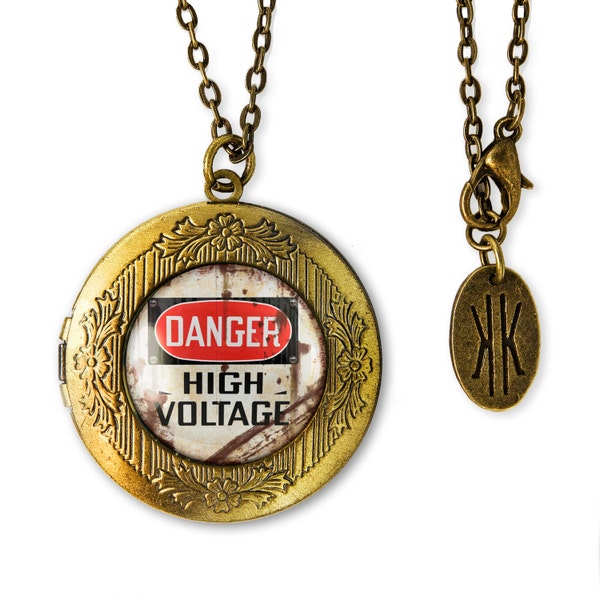 Antique Bronze "DANGER High Voltage" Rusty Industrial Sign Glass Keepsake Locket Necklace 343-BRLN + 24" Inch Chain