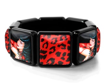 Retro Betty Page Fetish Pin-up Girl Jet Black Red Leopard Bangle Charm Bracelet JBSBB-7