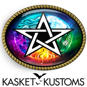 May include: A gold-toned metal belt buckle with a colorful pentagram design. The pentagram is surrounded by four elements: fire, water, earth, and air. The buckle is oval-shaped and has a textured edge.