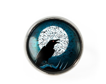Silver Gothic Raven Nevermore Crow and Moon Adjustable Halloween Ring 98-SRR