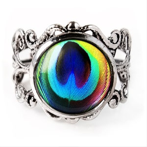 Pfauenfeder Ring - bunter Regenbogen verstellbarer filigraner Ring - 1