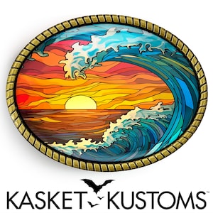 Summer Sunset Belt Buckle - Stylized Ocean Waves Art Handmade Buckle - 1029