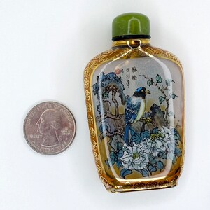 HAND PAINTED Peking Glass Snuff Bottle, Reverse Painting Inside the Bottle,  White Jade Lid, 1900s, A-1 