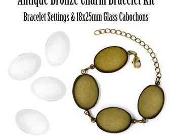Charm Bracelet Blank DIY Kit - Antique Bronze Jewelry Supplies & Glass Cabochons