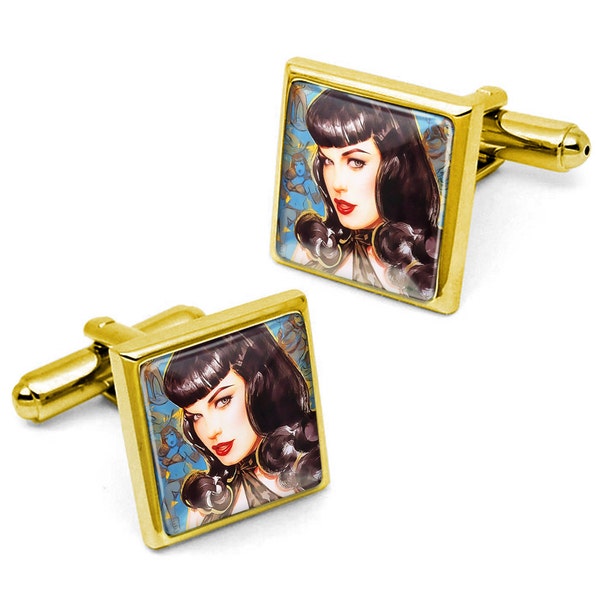 Shiny Gold Retro Betty Page Fetish Pin-up Girl Cufflink Set w/ Box 260-GSC