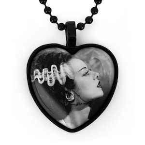 Jet Black Gothic Bride of Frankenstein Horror Icon Glass Heart Pendant Necklace 91-JBHN + 24" Inch Chain