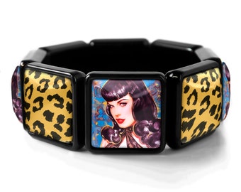 Retro Betty Page Fetish Pin-up Girl Jet Black Leopard Animal Print Bangle Charm Bracelet JBSBB-24