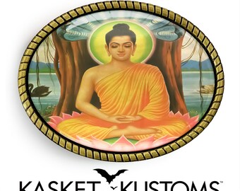 May include: A gold-toned metal belt buckle with a round, glass-like insert featuring a colorful image of Buddha sitting in meditation on a pink lotus flower. The image is surrounded by a green halo and a tree with two snakes.
