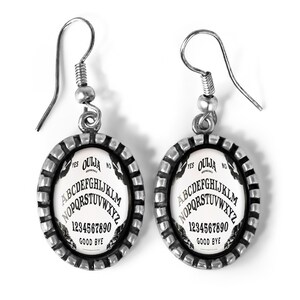 Gothic Bats Ouija Board Antique Silver Glass Dangle Horror Earrings 45-SOE