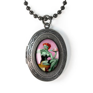 Gunmetal Retro Zombie Pin-up Girl Keepsake Horror Locket Necklace 140-GMLN + 24&quot; Inch Chain