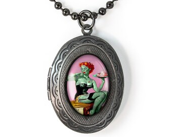 Gunmetal Retro Zombie Pin-up Girl Keepsake Horror Locket Necklace 140-GMLN + 24" Inch Chain