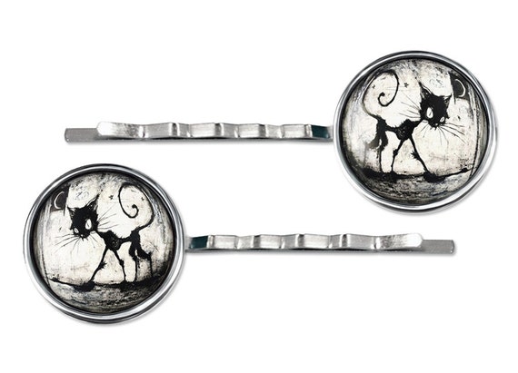 Silver Gothic Black Kitty Cat Glass Hair Clip Bobby-pin 