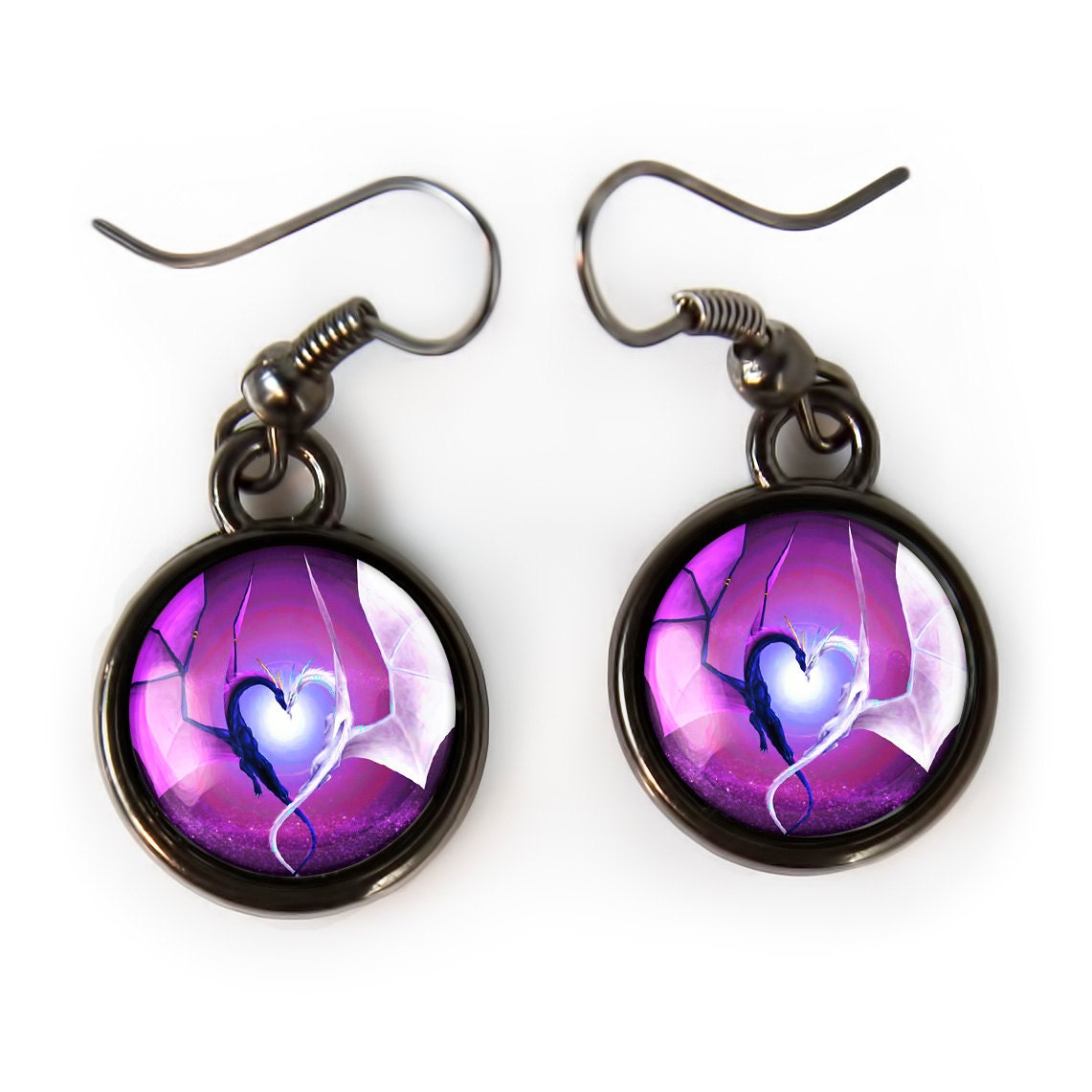 Small Sci-fi Dragon Wing Heart Gunmetal Black Glass Fantasy Earrings 232-GMSE