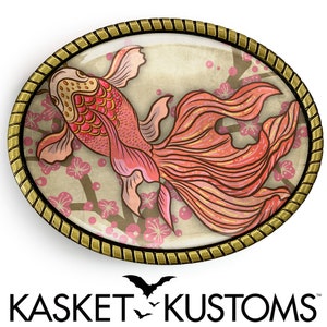 Koi Fish Belt Buckle - Traditional Japanese Tattoo Oval Gold or Silver Buckle - 734