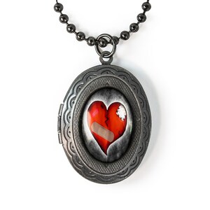 Gunmetal Love Hurts Broken Zombie Heart Keepsake Gothic Locket Necklace 136-GMLN + 24&quot; Inch Chain