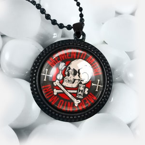 Victorian Memento Mori Skull Glass Pendant Handmade Ornate Jet Black Necklace 24&quot; - 134