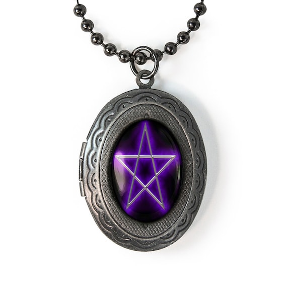 Gunmetal Gothic Purple Pentagram Keepsake Locket Necklace 105-GMLN