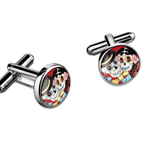 Silver Bride & Groom Sugar Skulls Day of the Dead Wedding Cufflink Set w/ Box 68-SRC