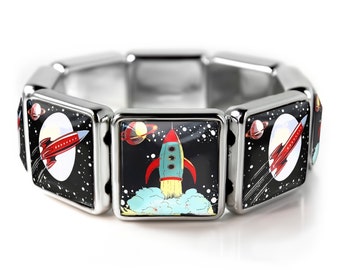 Retro Toy Rocketship Spaceship Sci-fi Fantasy Silver Bangle Charm Bracelet SSBB-16