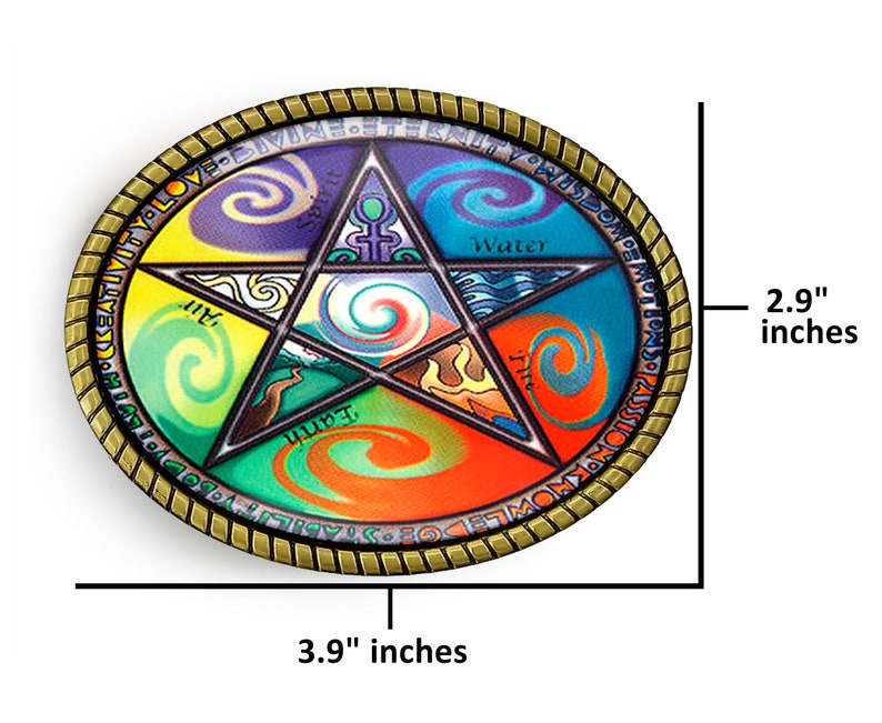 May include: A 3.9 inch by 2.9 inch metal belt buckle with a pentagram design. The pentagram is divided into five sections, each representing an element: Earth, Air, Fire, Water, and Spirit. Each section is a different color and has a swirling design. The buckle is gold-colored and has a textured edge.