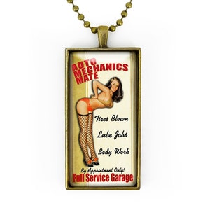 Antique Bronze &quot;Auto Mechanics Mate&quot; Vintage Hot Rod Pin-up Girl Glass Pendant Necklace 256-BRCN + 24&quot; Inch Chain