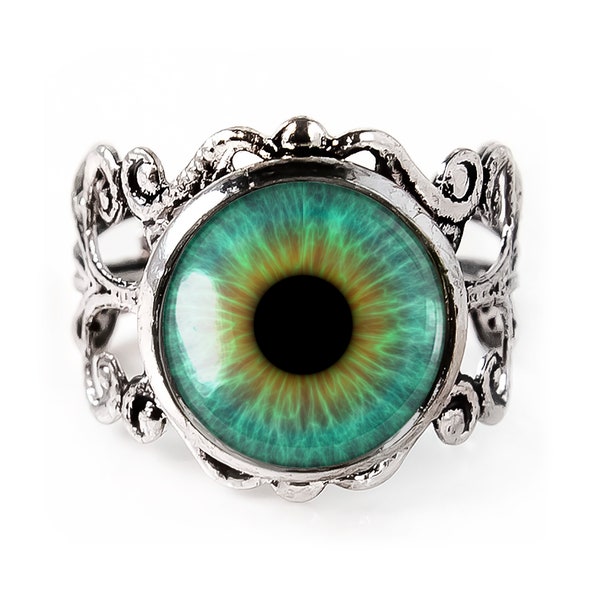 Green Glass Eye Ring - Human Eyeball Taxidermy Adjustable Filigree Ring - 60