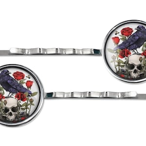 Silver Memento Mori Gothic Raven & Skull Horror Glass Hair Clip Barrette Set 122-SHC