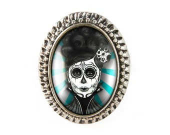 Antique Silver Day of the Dead Sugar Skull Woman Adjustable Ring 72-SOR