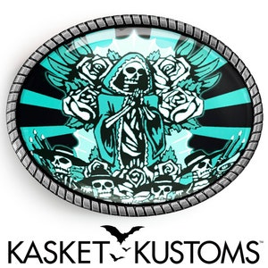 Guadalupe Belt Buckle - Dia De Los Muertos Sugar Skull Silver or Gold Buckle - 63