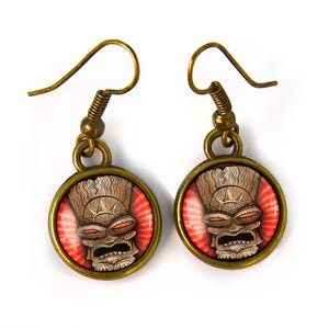 Tiki Earrings - Retro Polynesian Tiki Mask Small Drop Earrings - 216