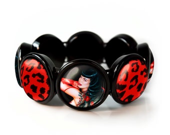 Jet Black Retro Betty Page Fetish Pin-up Red Leopard Bangle Charm Bracelet JBRBB-18