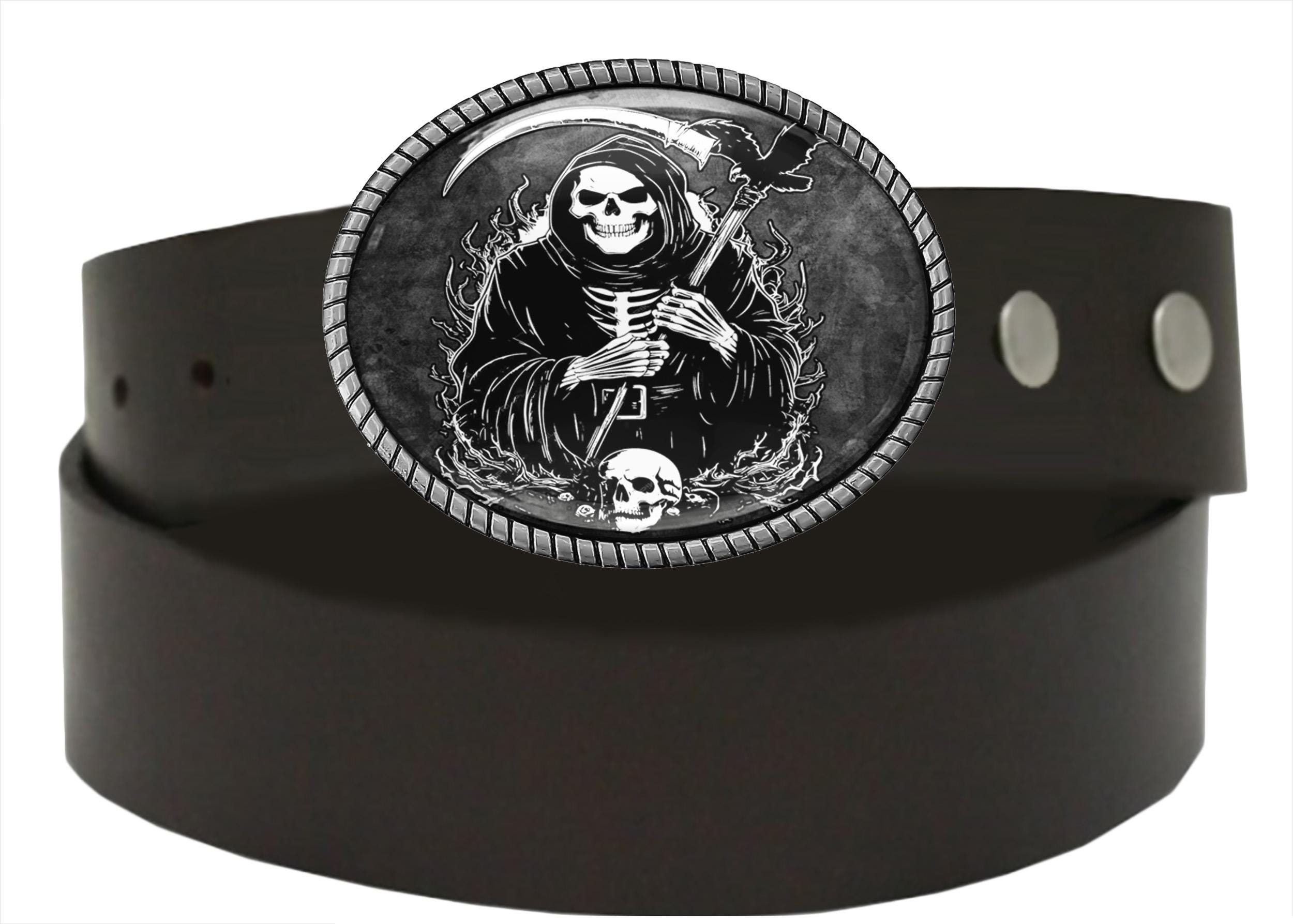 Grim Reaper Skull Belt Buckle - Gothic Horror Halloween Handmade