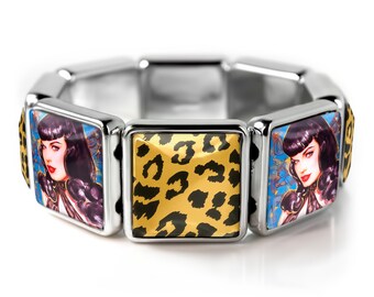 ビッチベティページ Retro Betty Page Fetish Pin-up Girl Leopard Silver Bangle