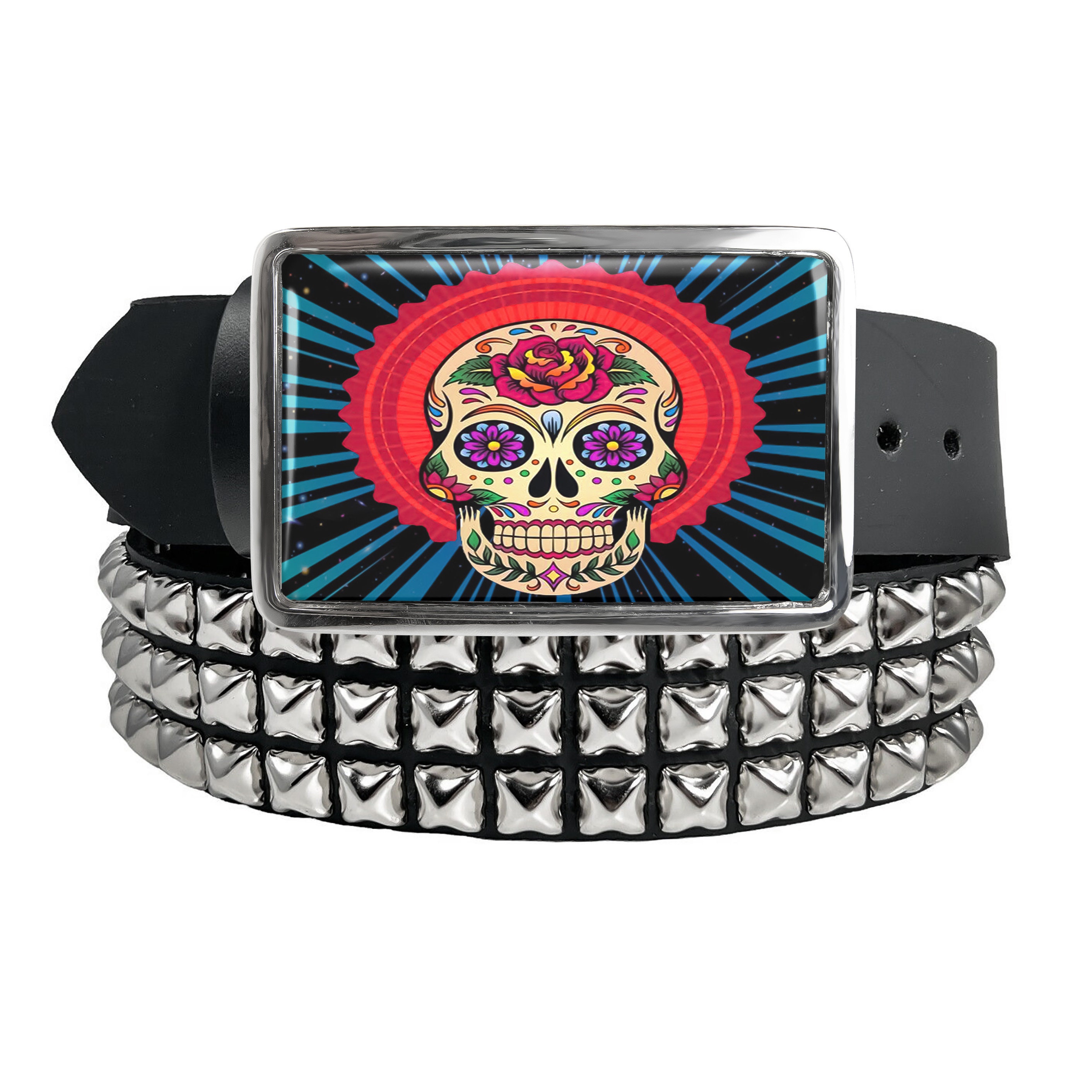 Black White Sugar Skull Belt Buckle Metal Streetwear Day of Dead Floral Mexico il_fullxfull.5786356536_5j8t.jpg main image 3