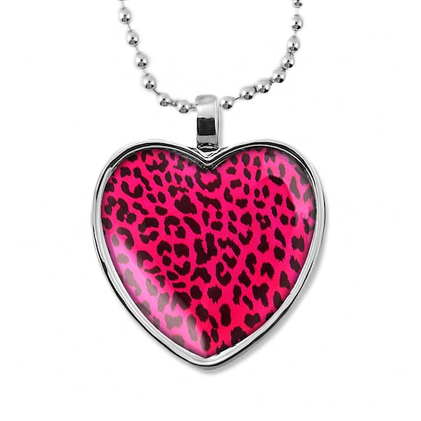 Shiny Silver Pink & Black Leopard Animal Print Glass Heart Pendant Necklace 205-SHN + 24" Inch Chain
