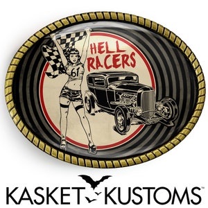 Hell Racers Belt Buckle - Hotrod Rockabilly Pinup Handmade Gold or Silver Buckle - 606