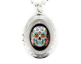 Silver Day of the Dead Sugar Skull Glass Keepsake Locket Necklace 55-SLN + 24&quot; Inch Chain