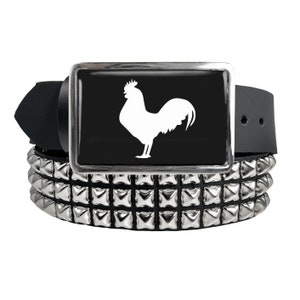 May include: A black leather belt with silver pyramid-shaped studs and a silver buckle featuring a white rooster silhouette on a black background.