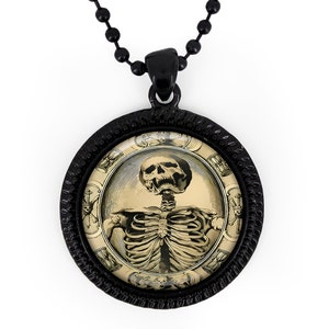 Jet Black Gothic Memento Mori Skeleton Glass Pendant Necklace 131-JBRN + 24&quot; Inch Chain