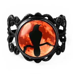 Raven Nevermore Ring - Full Moon Crow Adjustable Filigree Ring - 95